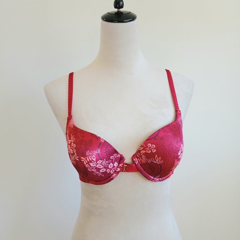 Lily Of France - Satin - Embellished- Floral -Magenta -Women's- 34B- Push-up Bra